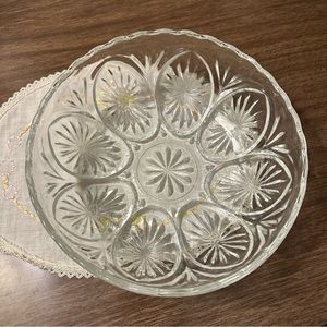 Vintage Pretty Pressed Glass Medallion Serving Bowl with Scalloped Edges